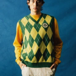 MALBON X PTM ARGYLE INTARSIA KNIT VEST -Trend Wear Shop argylegreenvest1